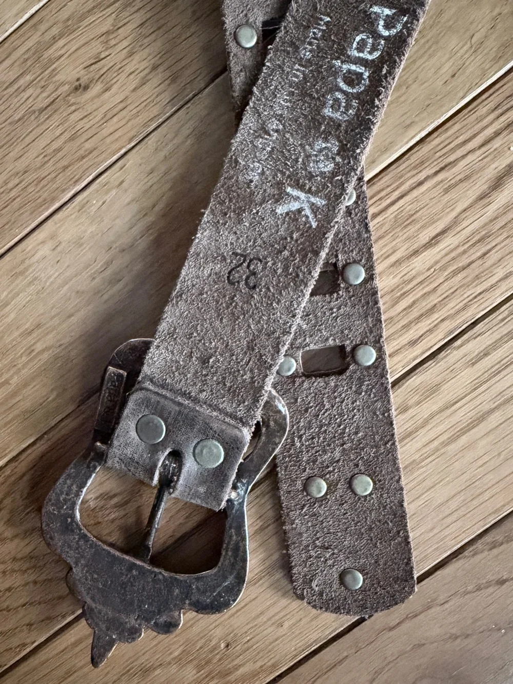 Papa & K Distressed Brown Leather Belt with Distressed Patina Buckle, Size 32